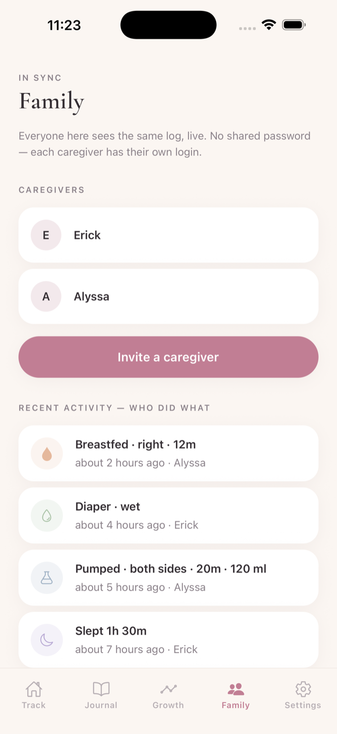The Family screen — both caregivers on one live log