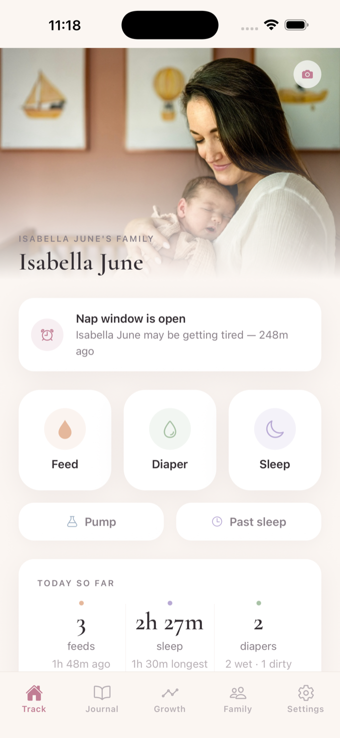 Home screen with quick-log buttons and today's activity