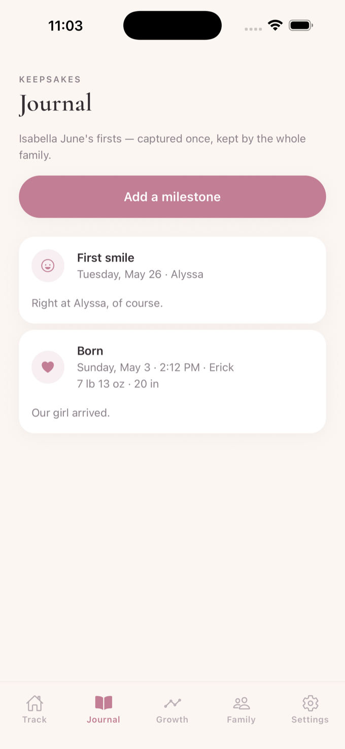 Journal — milestones, kept by the whole family